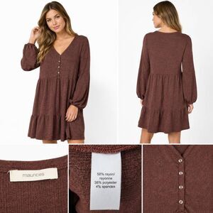 Maurices Brown Long Sleeve Tiered Knit Dress L
